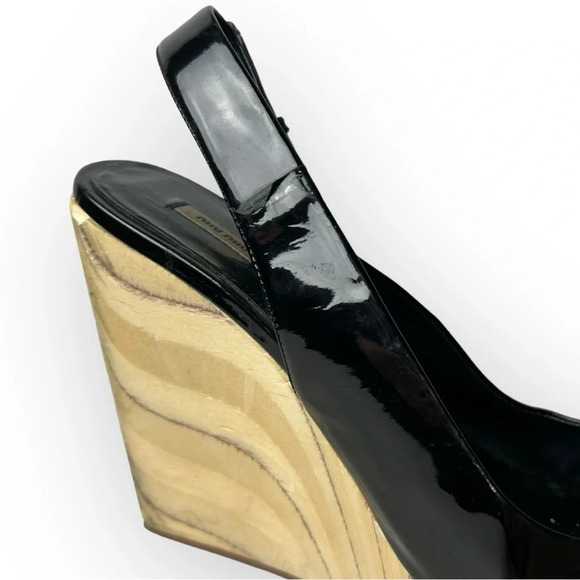 Miu Miu Black Patent Leather  Peep Toe Slingback Wooden Wedge Heel 39 - Picture 10 of 14
